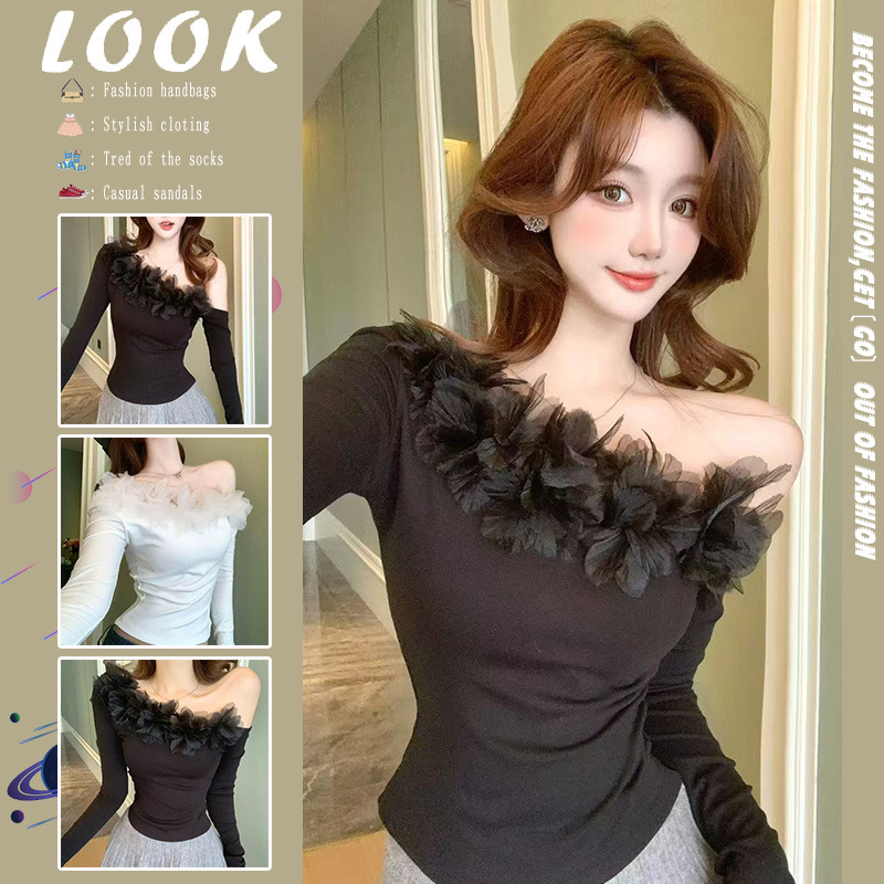 2026 Autumn New Pure Desire Style Asymmetrical Shoulder 3D Floral Long Sleeve T-Shirt for Women, Slim Fit and Figure-Flattering Top