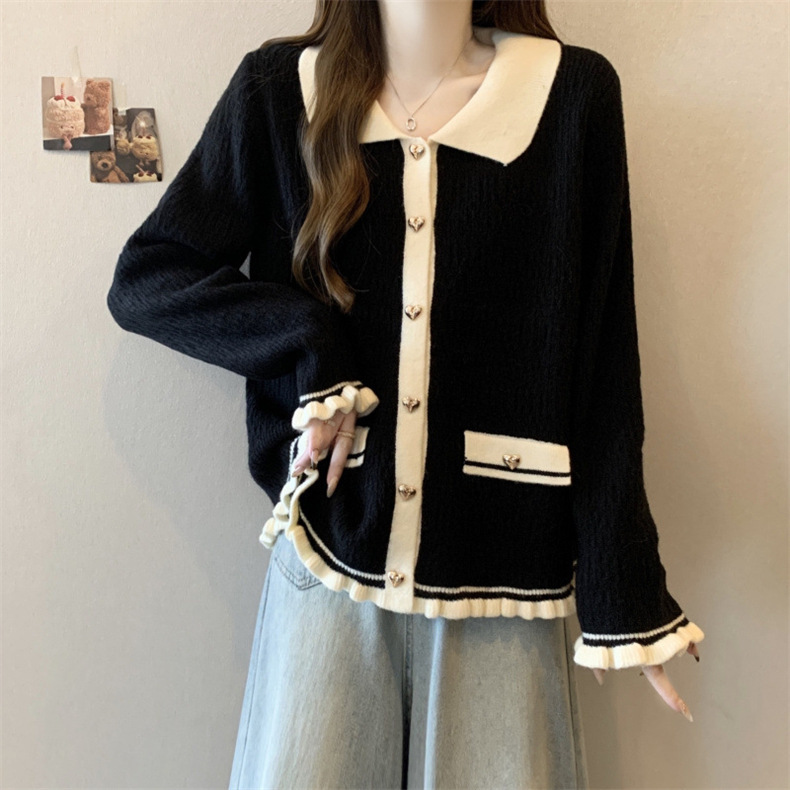 hombro francés pequeño viento fragrante borde de auricular con solapa de color contraste camiseta de punto suéter de mujeres de otoño y invierno temperamento delgado abrigo abdominal