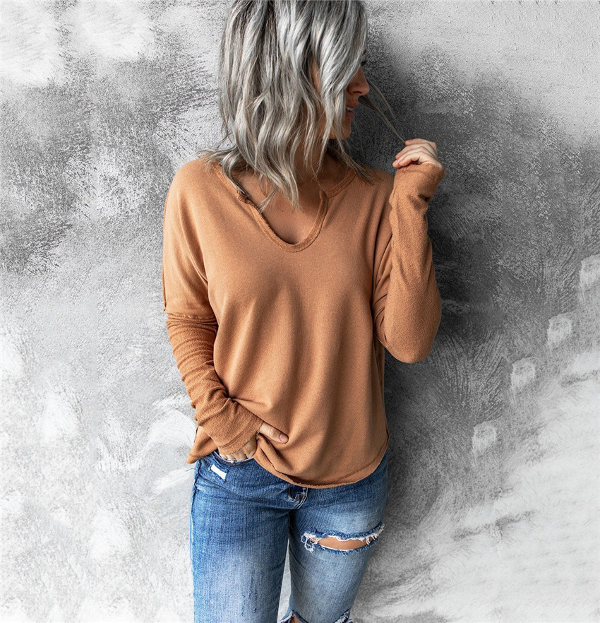 Solid Color V-Neck Long-Sleeved Fleece T-Shirt NSYHY106400