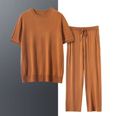 夏の绢糸メンズ半袖カジュアルスーツ薄い通気性ストレートパンツファッションゆるい純色丸襟tシャツ