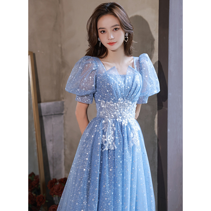 Evening Dress Women's High-end Feeling Banquet Elegant Light Luxury Niche High-end Vocal Art Test Host Dress Blue Long