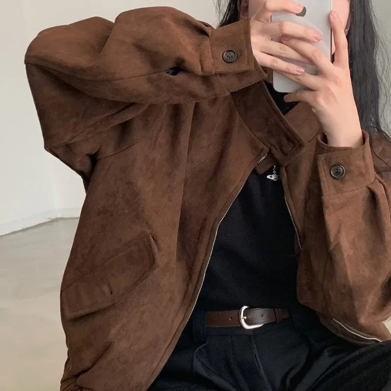 春秋新款仿鹿皮绒外套女美拉德美式复古短款上衣宽松型显瘦夹克代|undefined