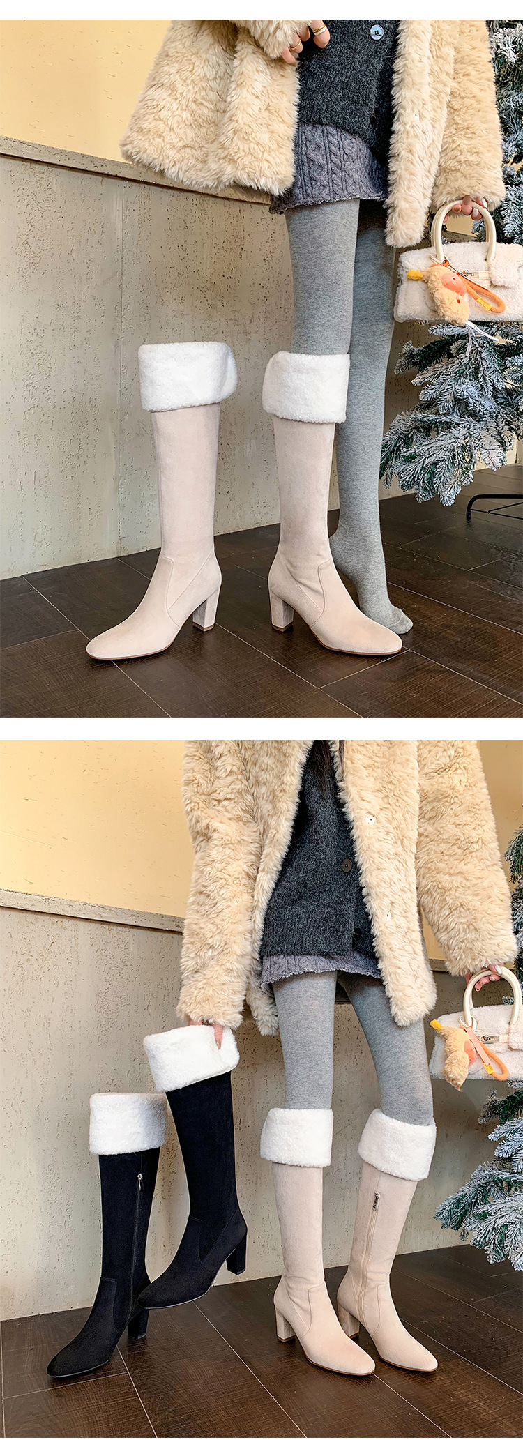 Boot nữ cổ cao ôm bắp chân lông cừu ấm, gót thô 5 cm, phong cách cưỡi ngựa — màu đen chi tiết 6