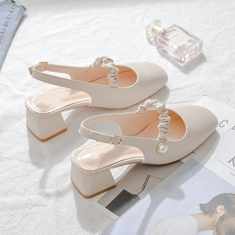 Baotou Sandals Women's Summer Middle Heel Fairy Style Square Heel Rear Empty Shoes plus size Fat Feet Wide Feet Women's Shoes High Heels Fat