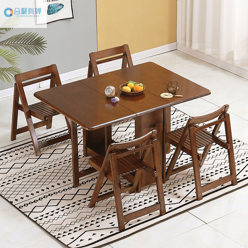 Small Apartment Solid Wood Extendable Table Folding Dining Table Home Rectangular Movable Modern Multifunctional Dining Table and Chairs