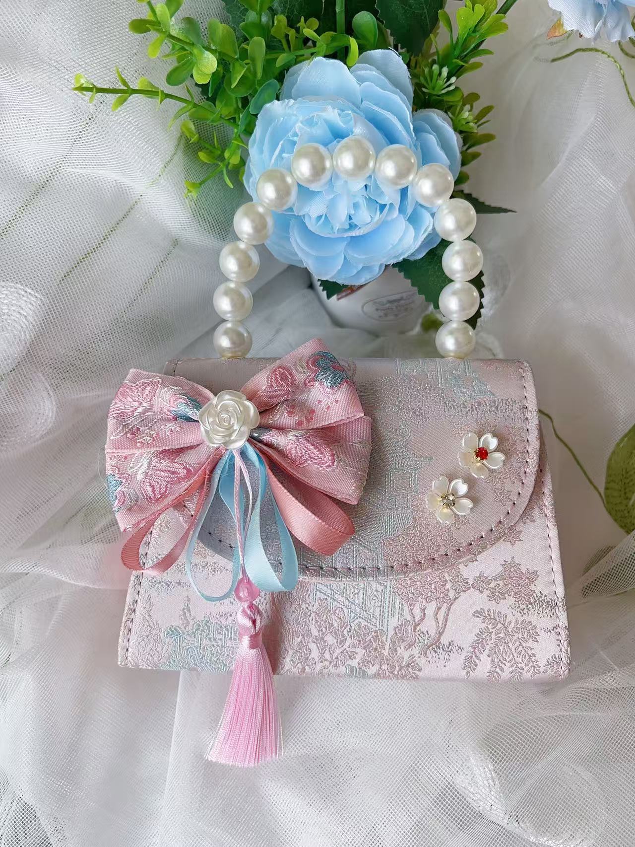 Bolso de princesa de niñas 2025, otoño nueva chica lindos bordillos de encaje mochila bolso de perlas de estilo chino Aisha