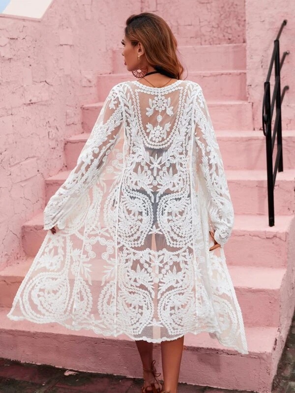 European and American Hot Embroidered Lace Cardigan Summer Thin Outer Beach Sunscreen Mid-Length