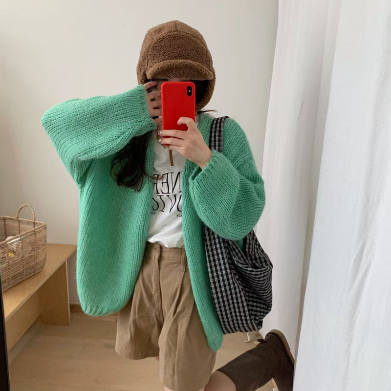 韩系马海毛针织开衫女士秋季新款时尚休闲休闲粗线简约风毛衣外套|undefined