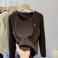 今年流行的毛衣女春秋别致上衣不规则外穿宽松长袖针织打底衫女