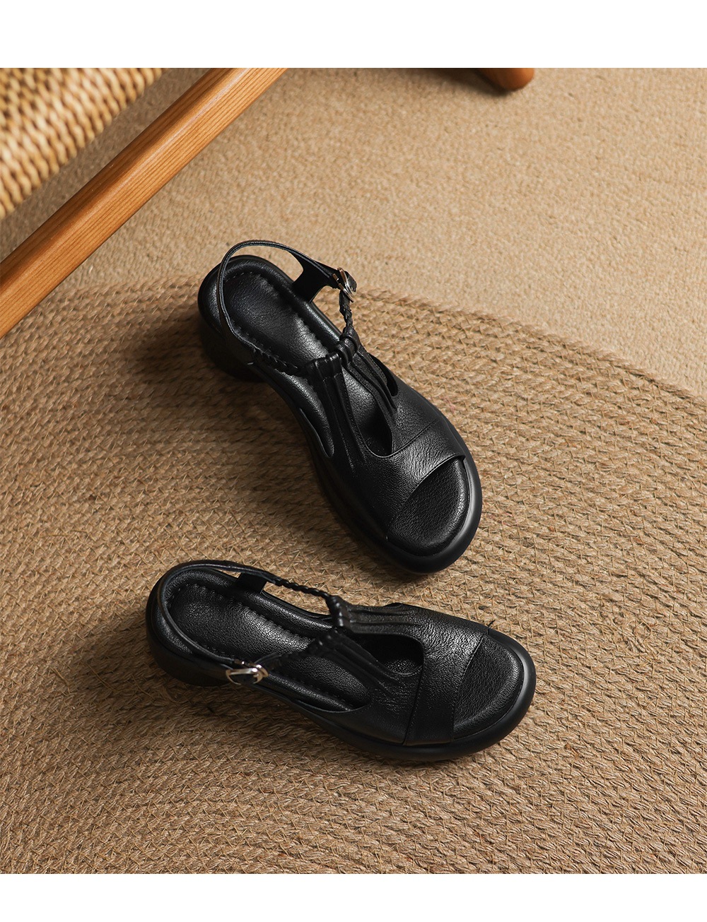 Sandal nữ da cừu mũi cá hở gót, đế dày gót thô 9 cm, quai ngang một dây — đen chi tiết 15