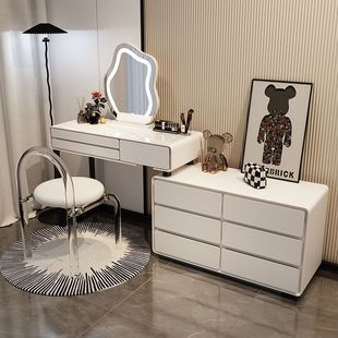 Solid Wood Dressing Table Trendy Integrated Rock Slab Bedside Table Style 2025 Makeup Table Extendable Modern Minimalist Bedroom Cream