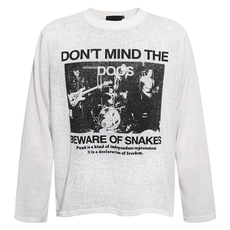 American retro rock-style long-sleeve T-shirt for men, heavyweight waffle-knit base layer, band-printed trendy top American retro rock-style long-sleeve T-shirt for men, heavyweight waffle-knit base layer, band-printed trendy top