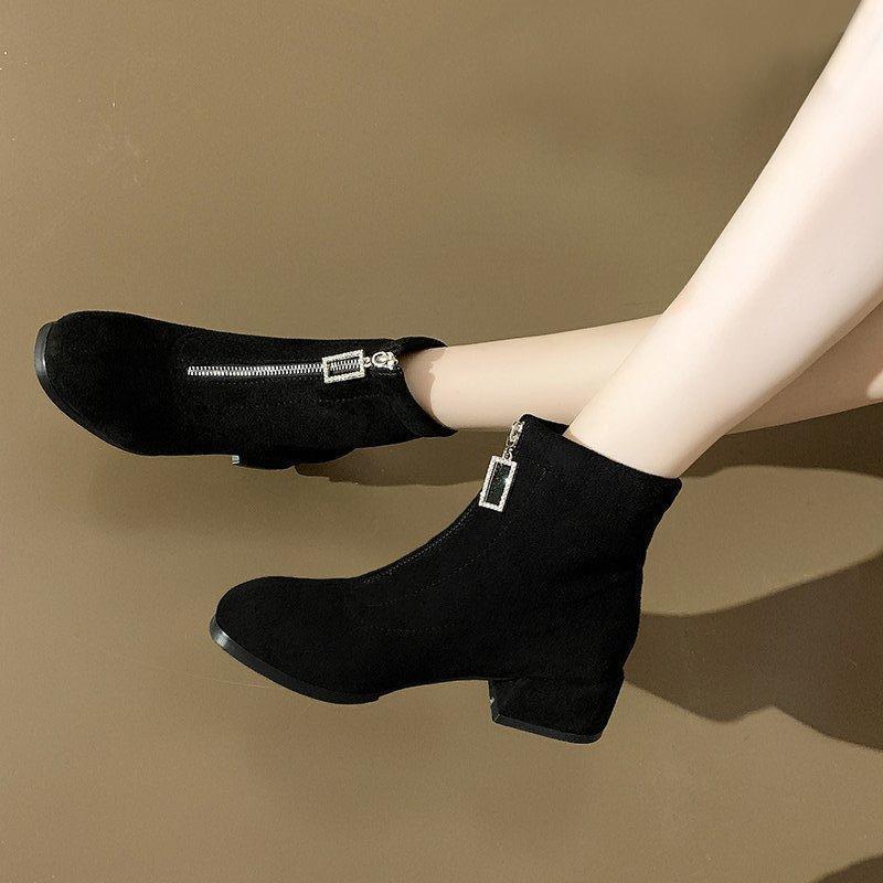Black Trendy Short Boots for Women 2025 Autumn and Winter Thick Heel Suede Versatile Boots Korean Style Elegant Round Toe Pure Color Women's Boots