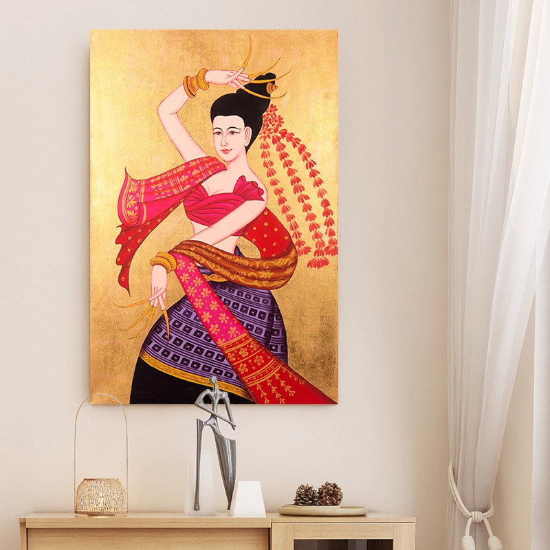 东南亚手绘美女壁画 泰国进口手工金箔画会所酒店玄关装饰油画