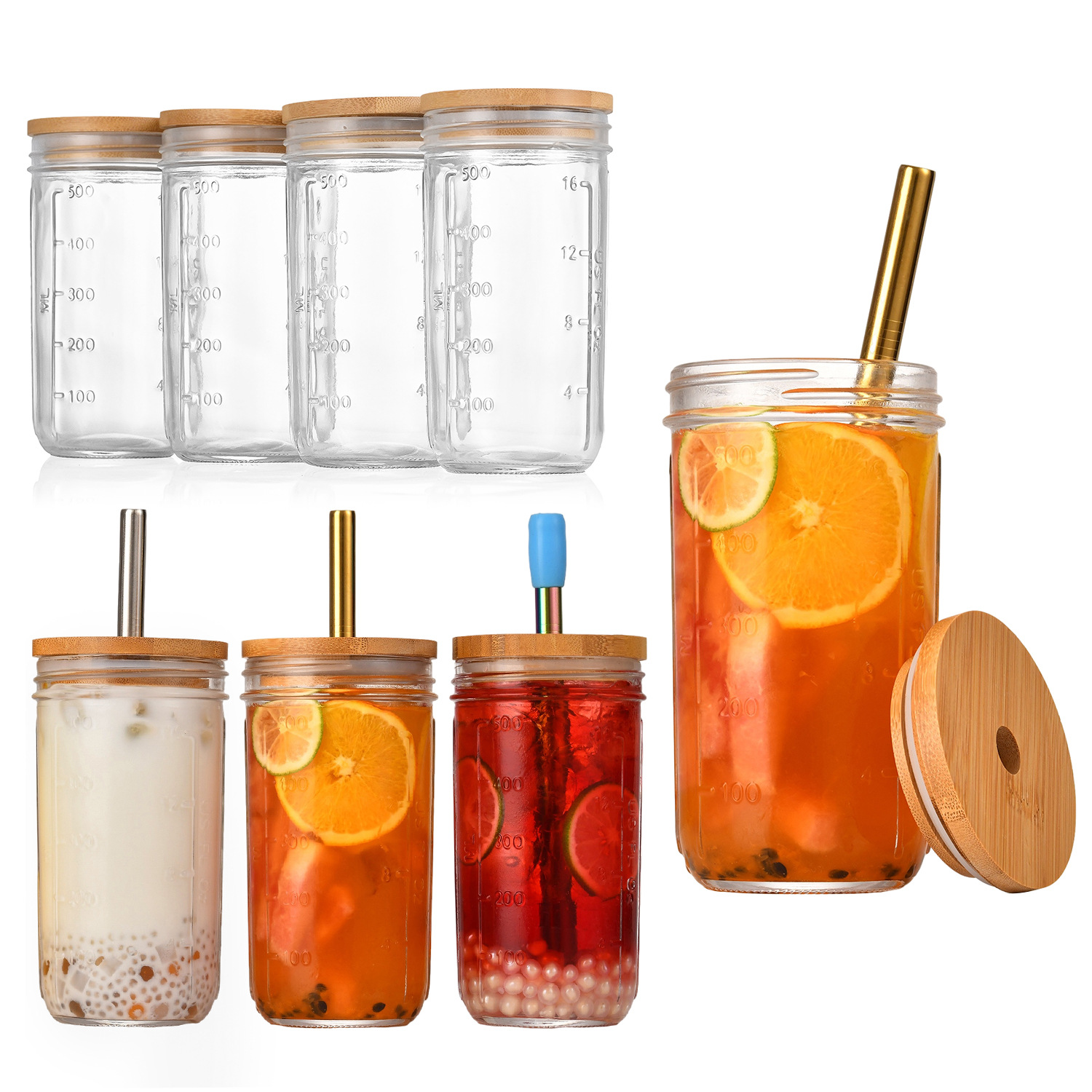 亚马逊车载20oz刻度梅森杯奶茶咖啡杯可乐杯果汁饮料杯吸管杯盖子