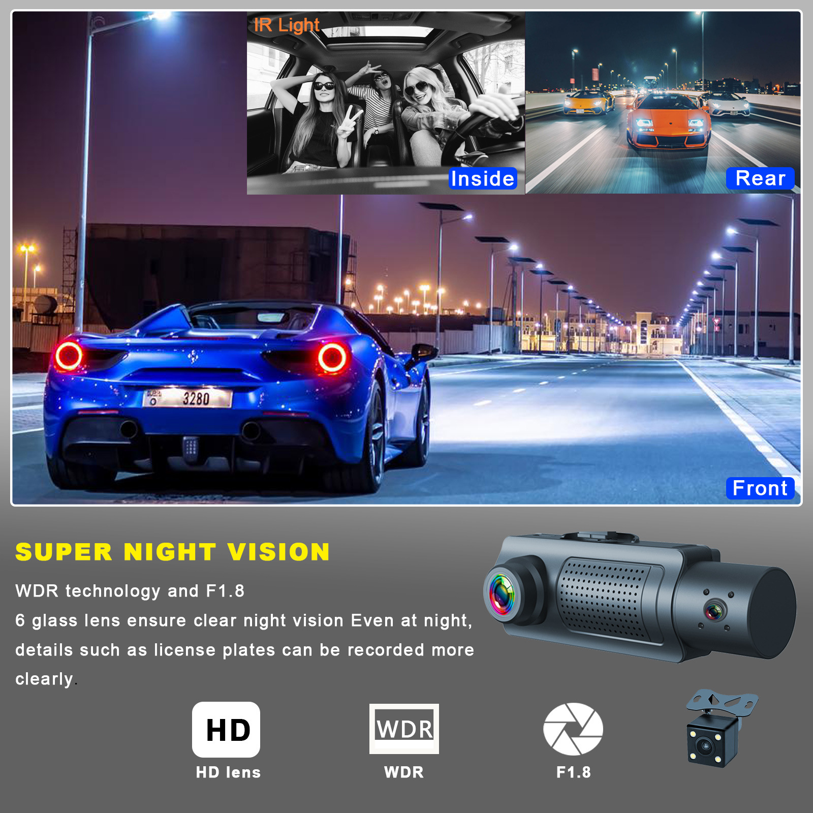 Cross-Border 3.16inch Three-Camera 1080P+480+480+Wifi Dash Cam High-Definition Three-Lens Recorder