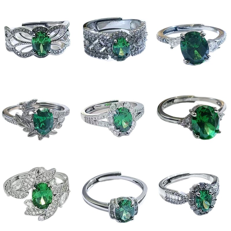 Live Stream Hot Sale: Simulated Natural Emerald Adjustable Ring for Women, Coconut-Shaped Colorful Gemstone Ring, Versatile Green Gemstone Ring