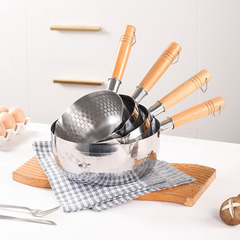 Live streaming assisted frying instant noodle pot with wooden handle, no coating, suitable for baby food, hammered stainless steel Japanese Yukihira pan