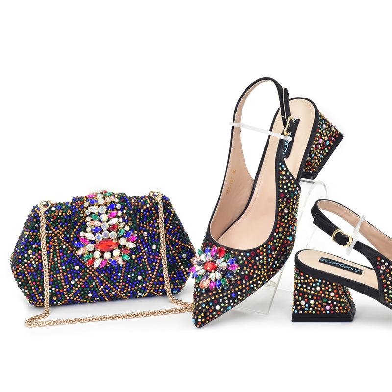 Cross-Border New Italian Design Rhinestone Mid-Heel Pointed-Toe Shoes Full of Diamonds and High Heels Paired with Fashionable Full-Diamond Evening Bags