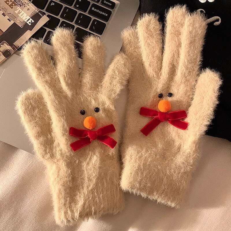 可爱蝴蝶结雪人毛绒针织五指手套女冬季保暖加绒加厚骑行防寒防风|undefined