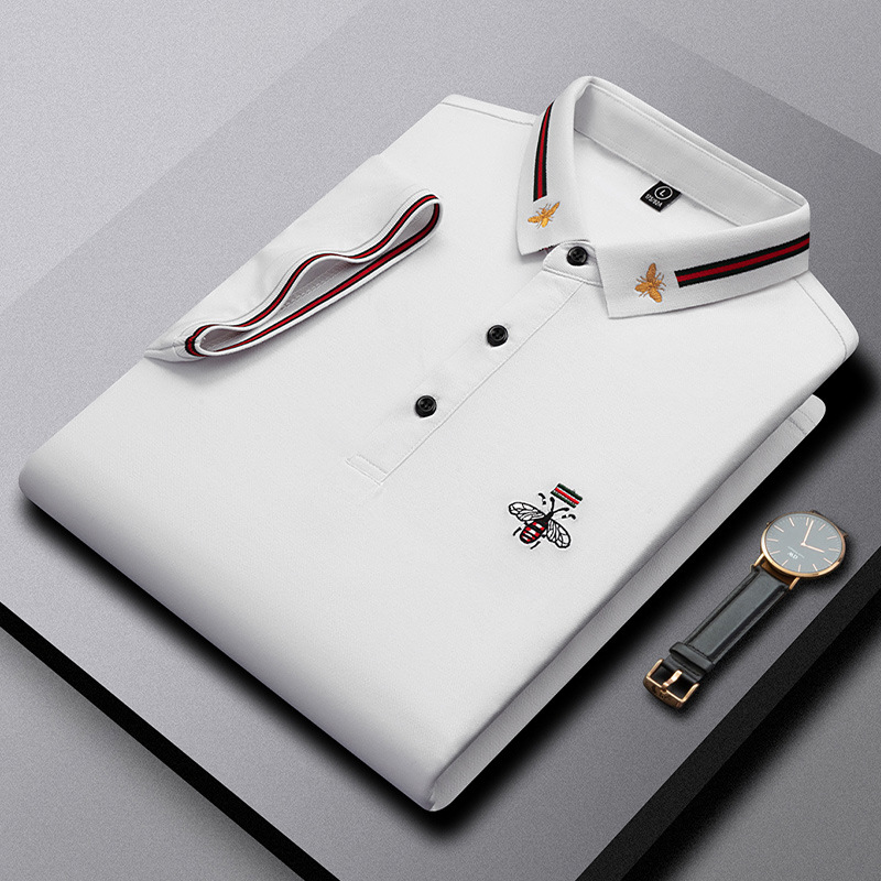 Alihu Men's High-End Summer Little Bee Embroidery Men's T-Shirt Short-Sleeved Fashion Lapel Men's Polo Shirt