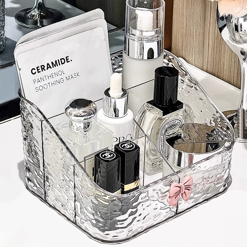 Cosmetic storage box, transparent multi‑compartment organizer, shatterproof textured water‑ripple or stripe