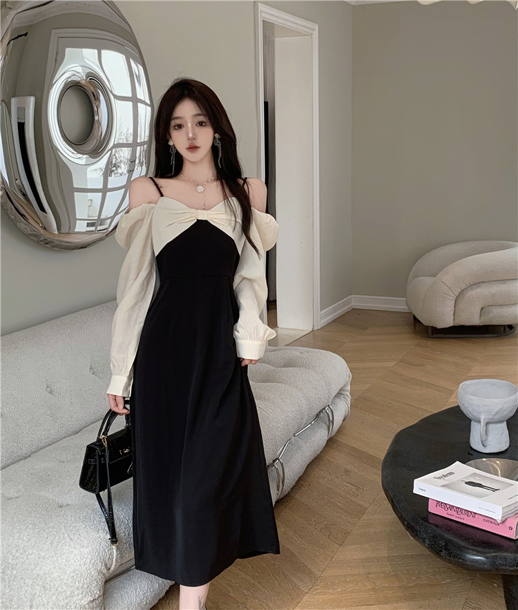 플러스 사이즈 이른 가을 기질 어깨 원피스 여성의 2024 년 신 지방 자매 벨리 덮고있는 슬리밍 프렌치 헵번 스타일 스커트