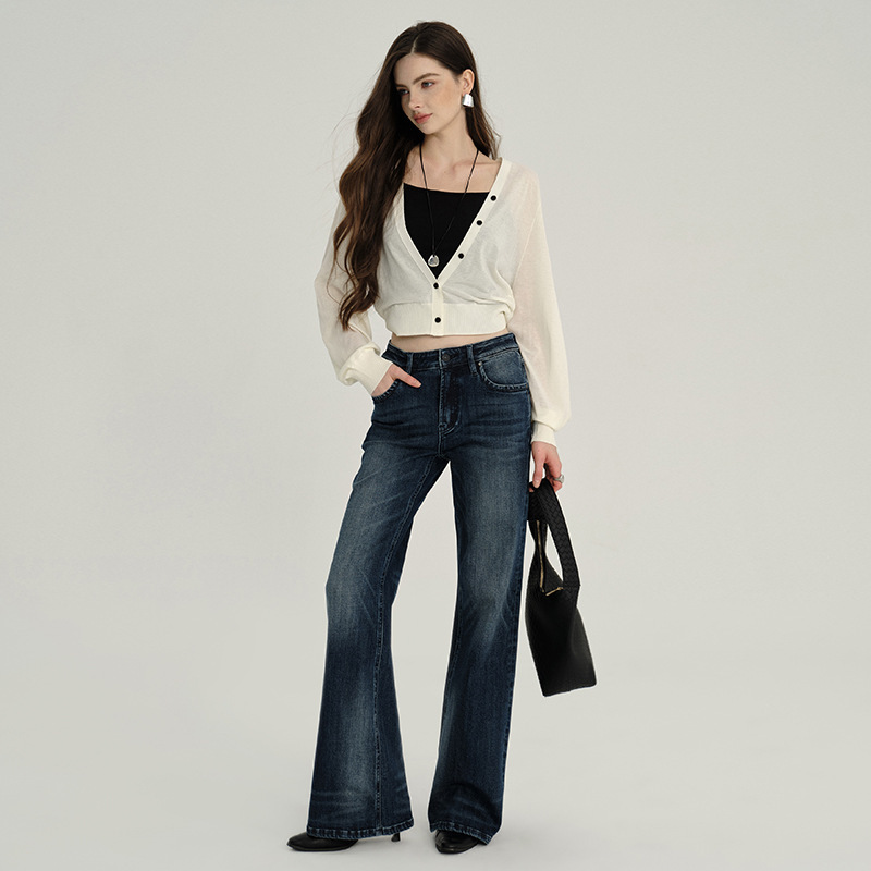2026 Spring New Casual High-Waisted Women's Jeans, Slightly Flared, Vintage, Slimming, Petite, Cropped Flare Pants