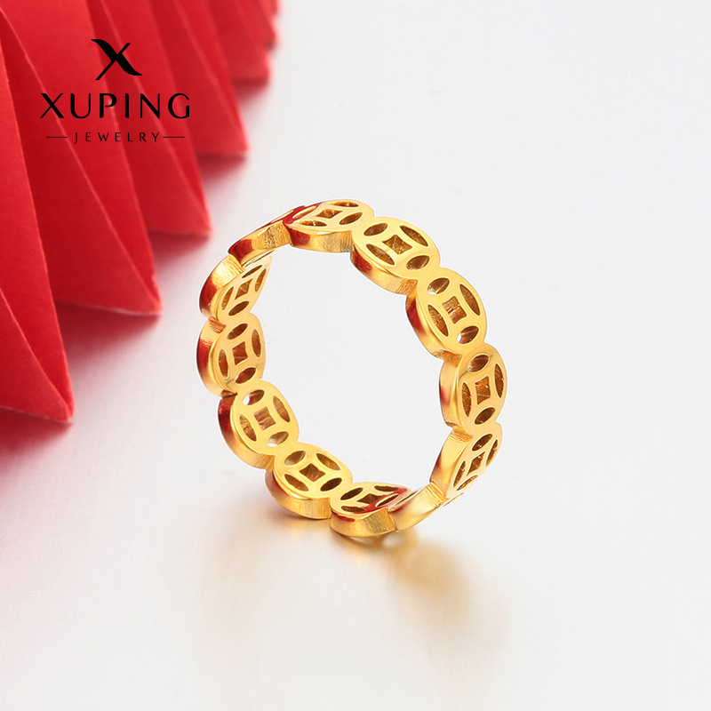 Xuping simple hueco anillo de moneda de cobre acero inoxidable 24k ligero anillo de lujo nicho al por mayor personalizado