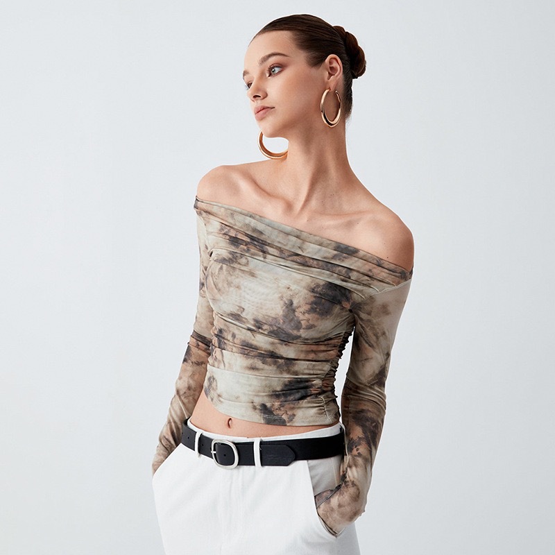 Estilo europeo y americano retro 3D impreso sexy fuera del hombro plisado superior recortada camiseta delgada para las mujeres 2024 primavera nuevo image 5