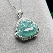 危料蓝水佛公镶嵌925银托项坠弥勒佛挂件天然A货翡翠吊坠玉器批发