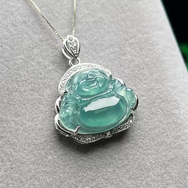 危料蓝水佛公镶嵌925银托项坠弥勒佛挂件天然A货翡翠吊坠玉器批发