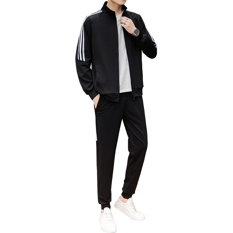 Tres barras de juego deportivo hombre y mujer pantalones casuales a prueba de algodón abrigo de spandex pareja dos piezas juego en vivo al por mayor