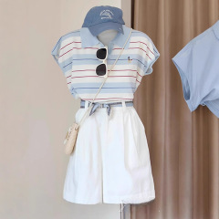 コントラストストライプポロラペル小さなフライングスリーブニット半袖Tシャツ女性用2025夏ドーパミンウェア薄手トップ