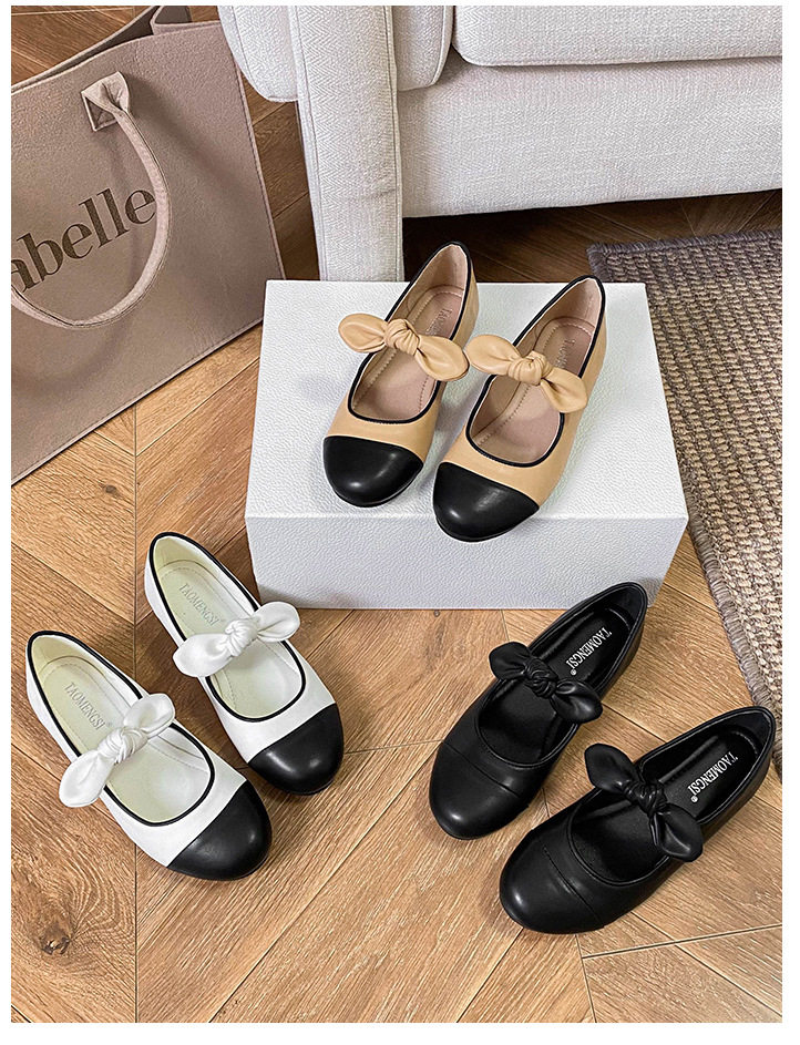 Giày búp bê nữ mũi tròn thắt nơ, đế bằng gót thấp — Màu trắng sữa, mơ đen, đen chi tiết 28