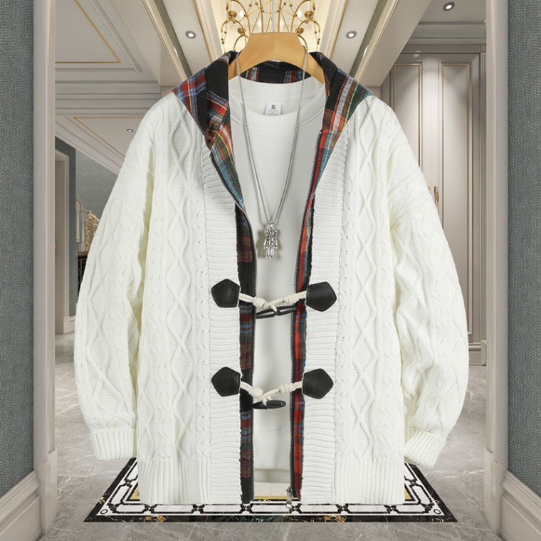 Cardigan de punto a cuadros, camisa de hombre primavera y otoño pesada con sombrero, marca de moda suelta, camisa de costura universitaria