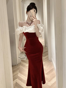 One line neckline waist wrapped hip skirt velvet formal dress