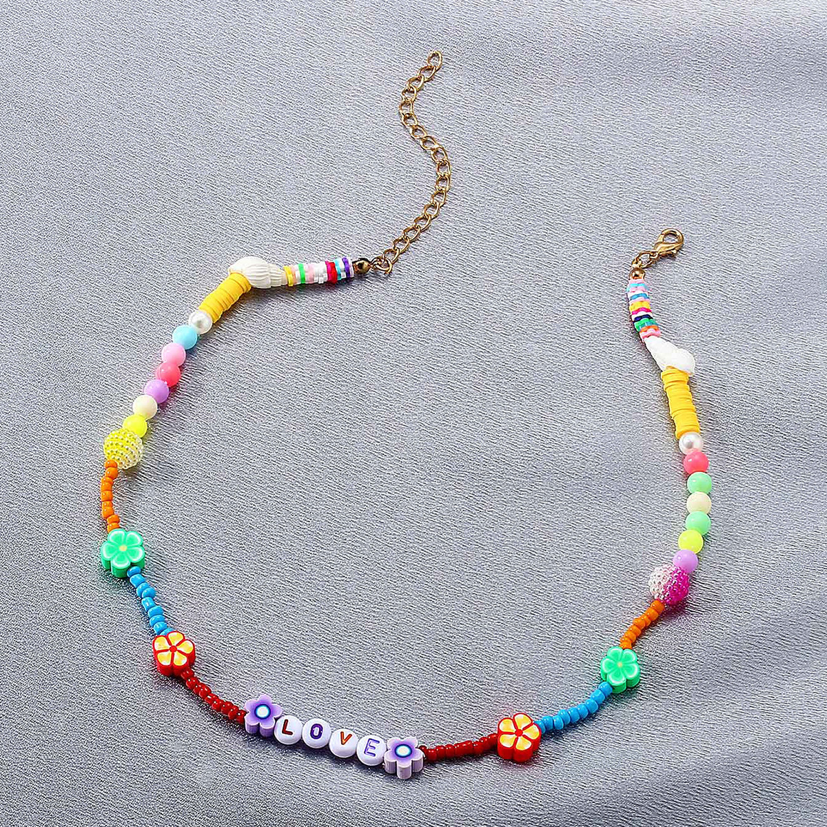Bohemian soft pottery pieces, flower collarbone chain, ethnic style, colorful handmade rice bead letter neck chain_voghion.com