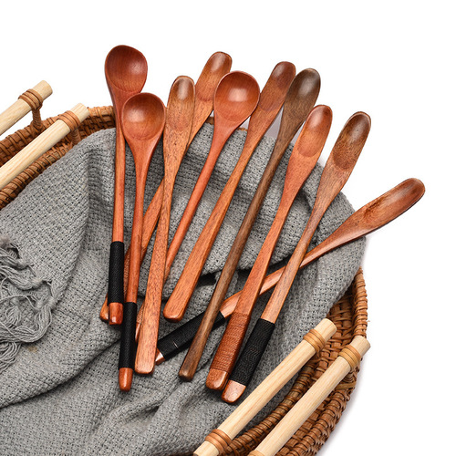 Japanese and Korean style tied cooking small wooden spoon 23cm long handle mixing spoon creative honey spoon wholesale nanmu coffee spoon