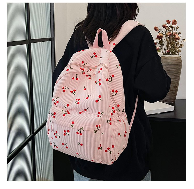 1197g Weight Polyester Lining Material Zipper Closure Type Double Shoulder Straps Strap Type Casual, School, Daily Occasion Corduroy Material Back To School Festival School Backpack Backpack Cherry Pattern All Seasons Season Women's Gender Cute Style Shell Shape Cherry Casual School Daily School Backpack 9