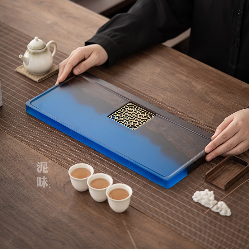 Resina ébano de madera maciza húmeda y seca bandeja de té resina epoxi río Qianshan bandeja juego de té hogar bandeja de té bandeja de madera