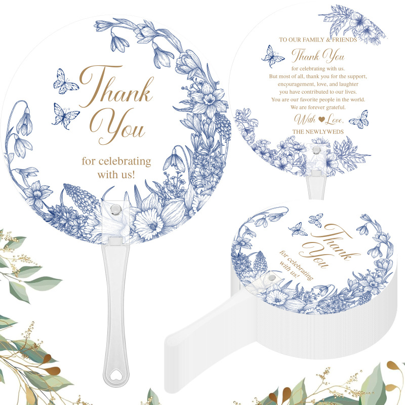 20-Pack Thank You Blue and White Porcelain Plastic Wedding Fans Wedding Photo Props Wedding Party Supplies