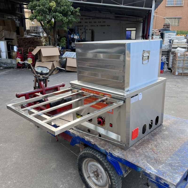Longjingding modelo de coche de tres ruedas máquina de salchichas de gas vapor comercial multifuncional horno de salchichas de vapor de desayuno cabina completa