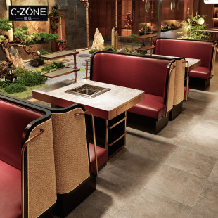 New Chinese Theme Restaurant Table and Chair Smokeless Induction Cooker Integrated Table Restaurant Barbecue Restaurant Hot Pot Restaurant Card Seat Sofa