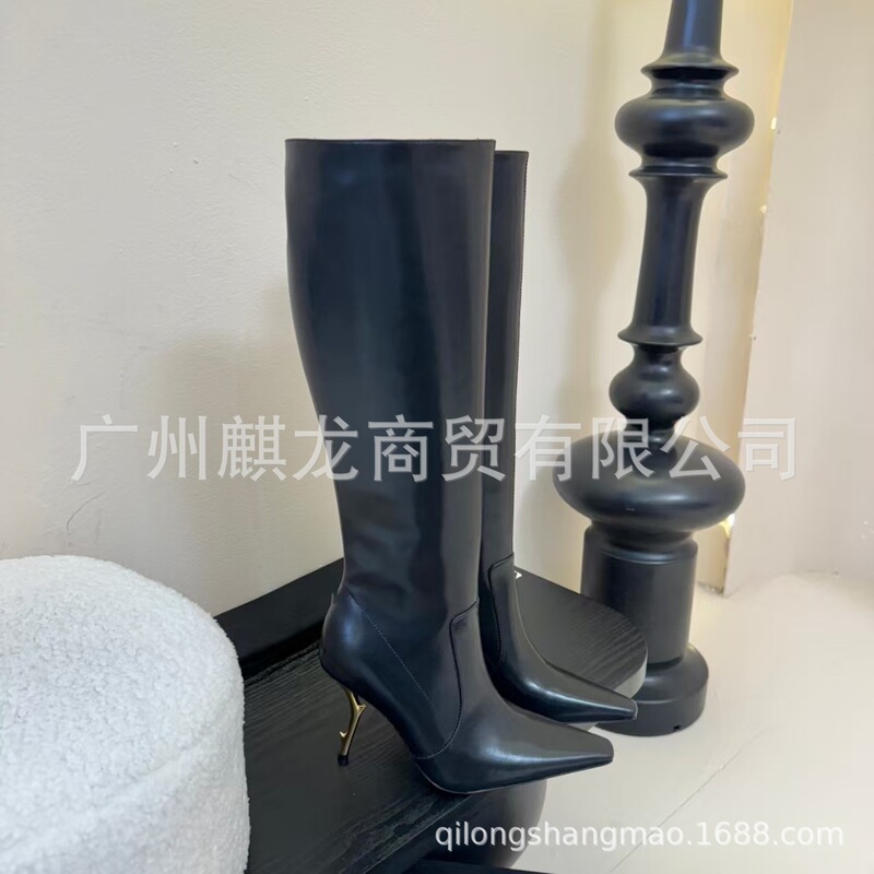 高端2025秋冬真皮尖头复古电镀细跟高跟侧拉链高筒显瘦不过膝长靴|undefined