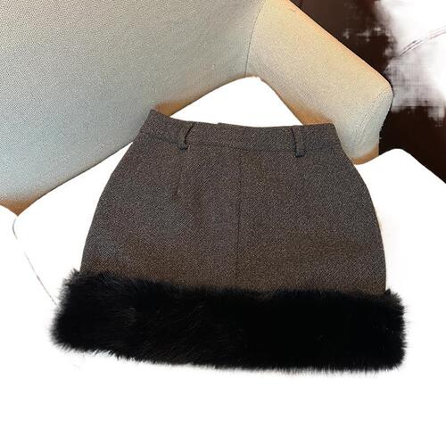 Melade color skirt for women's autumn and winter bag hip skirt high waist a-line skirt design fluffy splicing short skirt pants