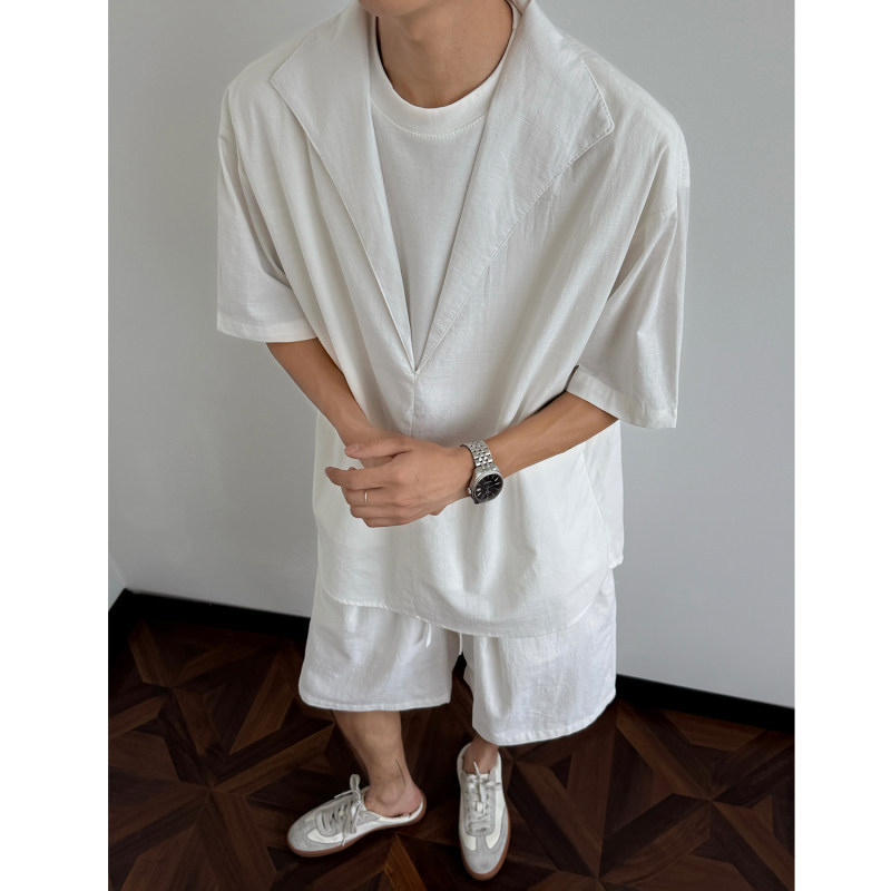 Sleccter Fake Two-Piece Spliced Imitation Linen Lyocell Shirt and Shorts Set for Men and Women, Summer High-End Style Sleccter Fake Two-Piece Spliced Imitation Linen Lyocell Shirt and Shorts Set for Men and Women, Summer High-End Style