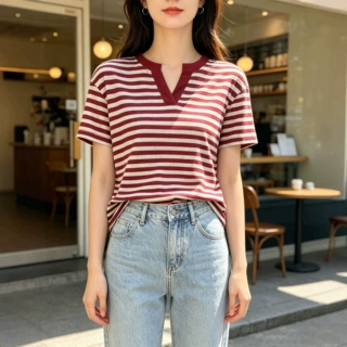 欧美跨境复古条纹显瘦V领T恤女新款高腰修身正肩短袖辣妹上衣女潮