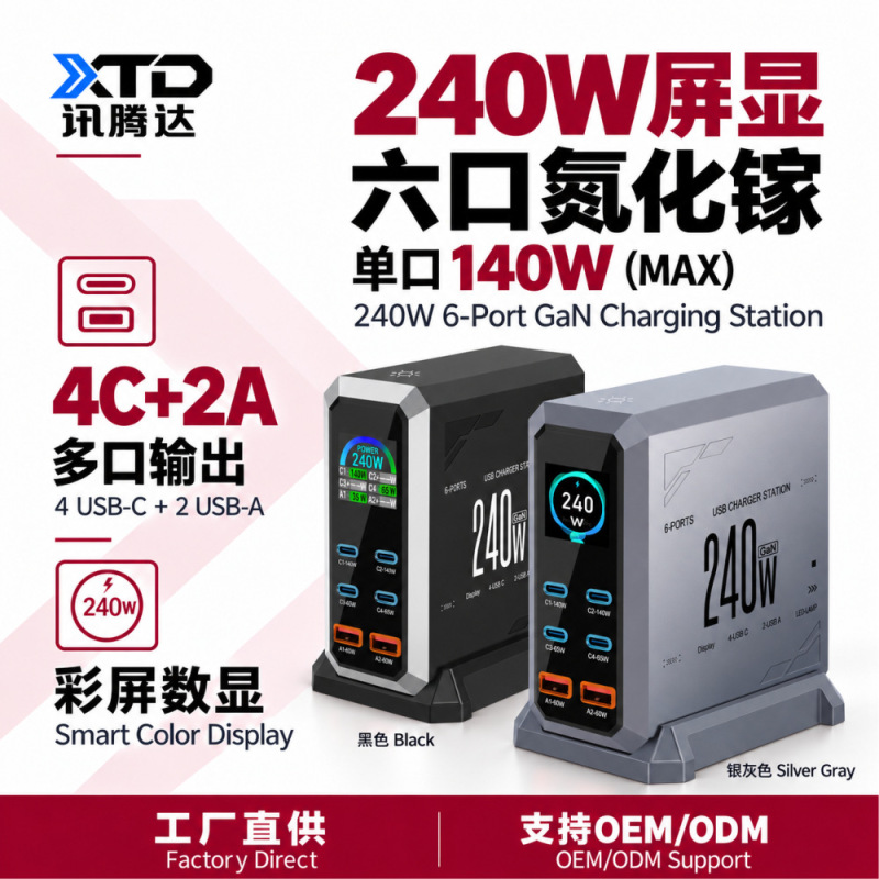 240W Gallium Nitride Multi-Port Charger with Screen Display Desktop Charging Station Typec Laptop Single Port Pd140W Fast Charging