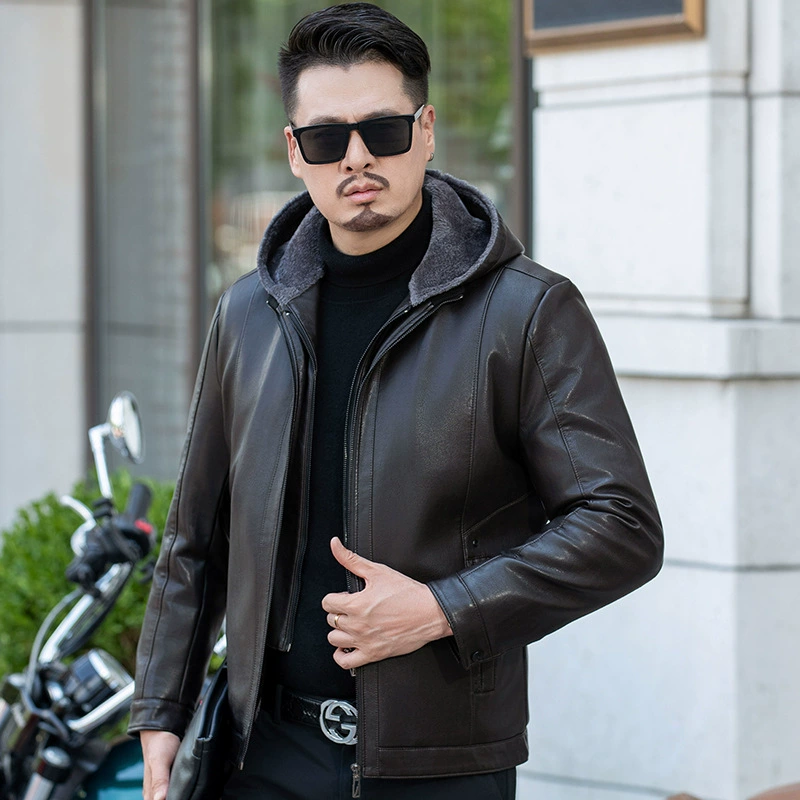 Short winter jacket with hood, genuine leather